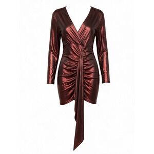 Metallic Burgundy Mini Dress XL Ruched Long Sleeve Vampire Goth Glam Holiday
